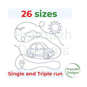 May include: A blue line art embroidery design featuring a car, a sun, a cloud, a bird, and a location pin. The text 26 sizes and Single and Triple run is visible. A circular logo with the text Pramukh Designs is in the bottom right corner.