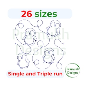 May include: A white background features a design of four cartoon penguins connected by a blue line. The text "26 sizes" is above the penguins, and "Single and Triple run" is below. A green circle with text is in the lower right.