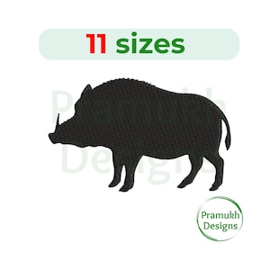 May include: A black embroidered silhouette of a wild boar facing left. Above the boar, a light green rectangular label displays the text 11 sizes in red and green. In the bottom right corner, a circular logo features the text Pramukh Designs.