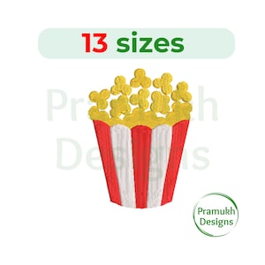 May include: A red and white striped popcorn bucket with yellow popcorn inside. The image text says "13 sizes".