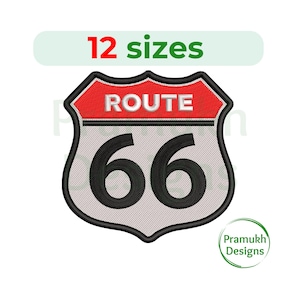 Puede incluir: Letrero bordado de la Ruta 66 con el texto "ROUTE 66" en blanco sobre fondo rojo y el número "66" en negro. El letrero está delineado en negro y gris. La imagen también incluye el texto "12 tamaños" en verde.