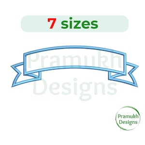 May include: A blue outlined banner with the text "Praमुख Designs" in the center. The banner is curved and has two tails. The text "7 sizes" is above the banner.