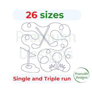 Puede incluir: Un dibujo de línea de un campo de golf con un palo de golf, una pelota de golf y una bandera. El texto "26 tamaños" y "Single and Triple run" también se incluye en la imagen.