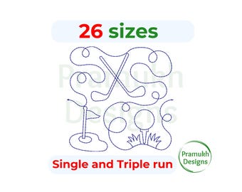 Peut inclure: Un motif de broderie au trait bleu représentant des clubs de golf croisés, une balle de golf sur un tee et un drapeau sur un green. Le texte 26 sizes et Single and Triple run est affiché en rouge et vert. Un logo Pramukh Designs est présent.