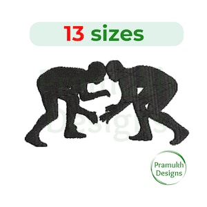 May include: Black silhouette embroidery design of two wrestlers in a grappling position. The design is available in 13 sizes.