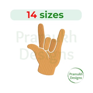 May include: Embroidered hand gesture with the index and pinky fingers extended, forming the rock-on symbol. The text "14 sizes" is above the hand. The design is on a white background, with the "Pramukh Designs" logo in the lower right corner.