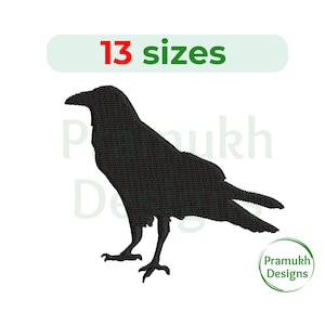 May include: Black silhouette of a crow with 13 sizes available. The crow is facing right and has its wings spread out. The image is on a white background.