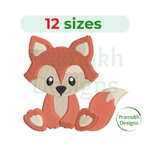 May include: Embroidered fox design in shades of orange, cream, and black. The fox is sitting with its tail curled. The text "12 sizes" is above the fox. The logo "Pramukh Designs" is in the lower right corner.