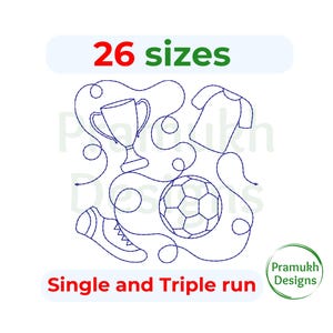 Puede incluir: Diseño de arte de línea de un balón de fútbol, un trofeo, una camiseta y un zapato. El diseño es en azul y blanco. El texto "26 tamaños" y "Single and Triple run" está en rojo y verde. El texto "Pramukh Designs" está en verde.