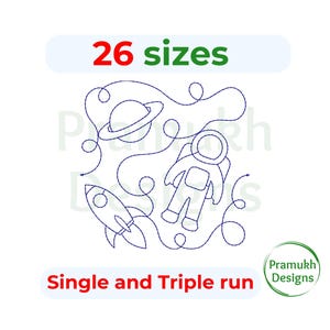 May include: A blue line art embroidery design featuring an astronaut, a rocket ship, and a planet connected by a continuous swirling path. The text 26 sizes is at the top, and the text Single and Triple run is at the bottom. A Pramukh Designs logo is visible.