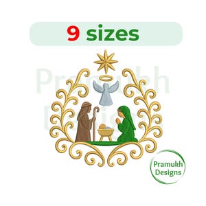May include: Embroidered Christmas design featuring a gold filigree frame with a star, angel, and nativity scene. The text "9 sizes" is at the top. The Pramukh Designs logo is in the lower right corner.