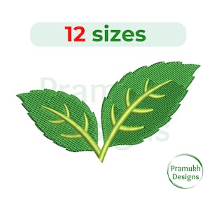 Pode incluir: Duas folhas verdes com veias amarelas, costuradas juntas na base. As folhas são estilizadas e têm uma aparência texturizada. A imagem inclui o texto "12 tamanhos".