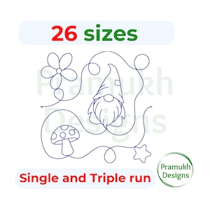 May include: A white background features a blue line drawing of a gnome, flower, mushroom, and star. The text "26 sizes" is above the design, and "Single and Triple run" is below. A logo for Pramukh Designs is in the lower right.