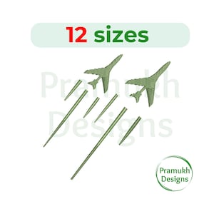 Könnte beinhalten: Grünes Flugzeug-Stickmuster mit 12 Größen. Das Design zeigt zwei Flugzeuge, die mit Spuren hinter sich nach oben fliegen.