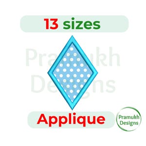 May include: A blue diamond-shaped applique design with a white polka dot pattern. The text "13 sizes" is above the diamond, and "Applique" is below. A logo for Pramukh Designs is in the lower right corner.
