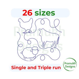May include: Line art design of a chicken, cow, and sheep. The animals are surrounded by a decorative swirl design. The text "26 sizes" and "Single and Triple run" are also included in the image.