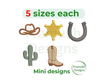 Mini Cowboy Embroidery Design Set (1–2 inch) – Hat, Boots, Cactus, Horseshoe, Sheriff Badge, Instant Download