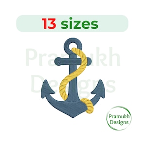 May include: Embroidered navy blue anchor with a yellow rope, a nautical design. The text "13 sizes" is above the anchor in red and green. The design includes the text "Pramukh Designs" in a green circle.