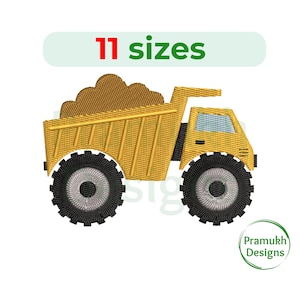 May include: Yellow toy dump truck with a brown dirt pile in the bed. The truck has black wheels and a white window. The text "11 sizes" is above the truck.