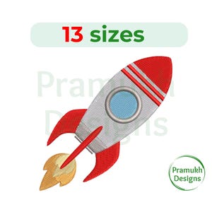 May include: Red and white rocket embroidery design with a blue window and a yellow flame. 13 sizes included.