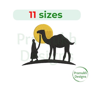 May include: A black silhouette of a camel and a person walking in the desert under a yellow sun. The text "11 sizes" is above the image.