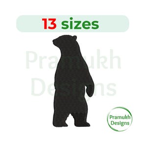 May include: A black bear silhouette embroidery design featuring a textured stitch pattern. The image includes the text 13 sizes at the top and the Pramukh Designs logo in the bottom right corner, indicating a digital file for machine embroidery.