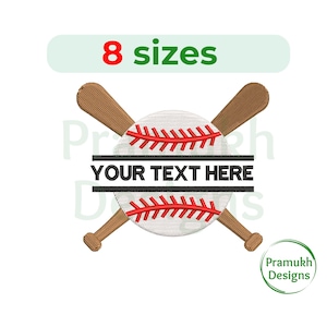 Puede incluir: Diseño bordado de una pelota de béisbol con bates cruzados. La pelota de béisbol tiene costuras rojas y el texto "YOUR TEXT HERE" se muestra en una pancarta negra.