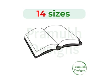 Może przedstawiać: Czarno-biała ilustracja liniowa przedstawiająca otwartą książkę z pustymi stronami. Nad książką znajduje się napis 14 sizes w kolorze czerwonym i zielonym. Okrągłe logo z napisem Pramukh Designs znajduje się w prawym dolnym rogu.