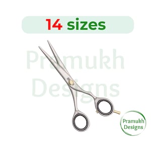 May include: Silver hairdressing shears with a gold accent. The shears have a curved handle and a sharp blade. The image text reads "14 sizes".