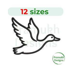 May include: A black outline embroidery design of a flying duck with wings spread. Above the duck, a light green rectangular label displays the text 12 sizes in red and green. A circular green logo in the bottom right corner reads Pramukh Designs.