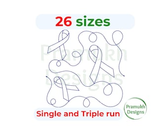 Puede incluir: Un diseño de bordado digital con tres cintas de concienciación conectadas por una línea sinuosa continua. El texto 26 sizes aparece en la parte superior y Single and Triple run en la inferior. Un logo de Pramukh Designs está en la esquina.