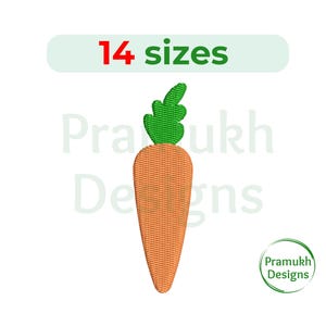 May include: An orange carrot with green leafy tops. The carrot is a simple, cartoon-like design. 14 sizes.