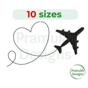 Puede incluir: Silueta negra de un avión volando en forma de corazón. El texto "10 tamaños" está encima de la imagen. El texto "Pramukh Designs" está debajo de la imagen.