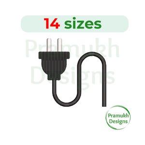 以下が含まれることがあります： 2 つのピンと湾曲したコードが付いた黒い電気プラグ。テキスト「14 サイズ」は、緑色の長方形のプラグの上にあります。 Pramukh Designs のロゴは右下にあります。