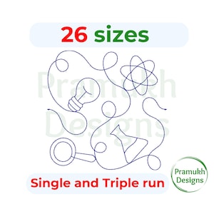 May include: A digital embroidery design featuring a light bulb, a beaker, a magnifying glass, and an atom symbol. The design is outlined in blue and includes the text "26 sizes" and "Single and Triple run".