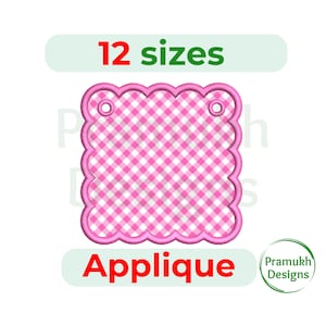 May include: A pink and white gingham applique design with a scalloped edge. The design has two holes at the top and the text "12 sizes" and "Applique" are displayed above and below the design.