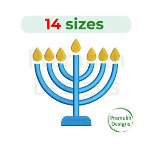 May include: Blue menorah with seven yellow flames. The menorah is a traditional Jewish symbol used during Hanukkah. 14 sizes.