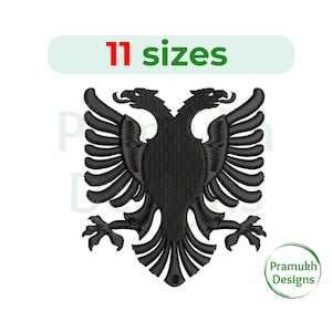 Könnte beinhalten: Schwarzes Doppelkopfadler-Design, das nationale Symbol Albaniens, in 11 Größen. Der Adler blickt nach vorne mit ausgebreiteten Flügeln.