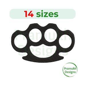 May include: Black brass knuckles design with the text "14 sizes" in green and red. The design is on a white background. The logo "Pramukh Designs" is in a green circle.