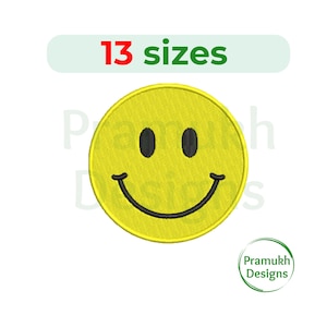 Może przedstawiać: Wzór haftu uśmiechniętej buźki w kolorze żółtym z czarnym konturem. W zestawie 13 rozmiarów.