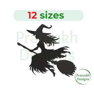 Puede incluir: Silueta negra de una bruja volando en una escoba. La bruja tiene el pelo largo y lleva un sombrero puntiagudo. La imagen incluye el texto "12 tamaños".