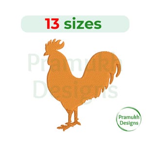 Könnte beinhalten: Ein orangefarbenes Hahn-Silhouetten-Stickmuster. Das Design ist in 13 Größen erhältlich.