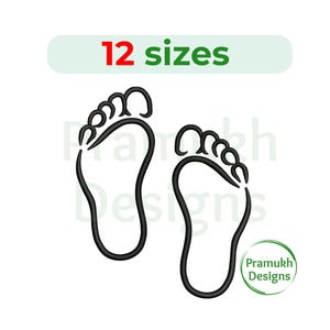 May include: Two black outline illustrations of bare feet, side by side. The text "12 sizes" is above the feet. The text "Pramukh Designs" is below the feet.