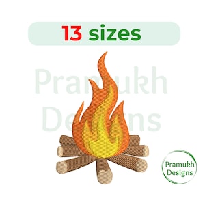 Może przedstawiać: Wzór do haftu przedstawiający ognisko z pomarańczowymi i żółtymi płomieniami i brązowymi kłodami. Wzór jest dostępny w 13 rozmiarach.