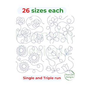 Può includere: Su sfondo bianco, disegni di ricamo floreale blu navy, tra cui rose, margherite, girasoli e tulipani. Il testo "26 taglie ciascuna" è in alto e "Single and Triple run" in basso. Disegni per ricamo.