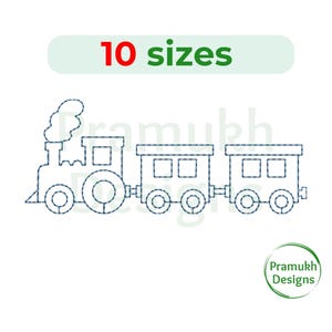 以下が含まれることがあります： 機関車と貨車2両の列車の白黒線画。列車は点線で囲まれています。「10サイズ」というテキストが列車の上にあります。「Pramukh Designs」というテキストが列車の下にあります。