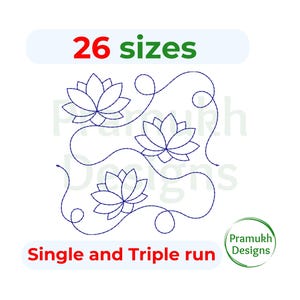 May include: A digital embroidery design featuring three dark blue lotus flower outlines connected by flowing, continuous curved lines. The text 26 sizes is at the top, and Single and Triple run is at the bottom. A Pramukh Designs logo is present.