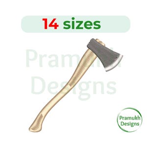 Könnte beinhalten: Eine Axt mit einem Holzstiel und einem grauen Metallkopf. Die Axt ist schräg gestellt, wobei der Stiel nach rechts zeigt. Das Bild enthält den Text "14 Größen".