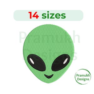 Puede incluir: Diseño de bordado de cara de alienígena verde con ojos negros y boca sonriente. El diseño está disponible en 14 tamaños. El diseño es de Pramukh Designs.