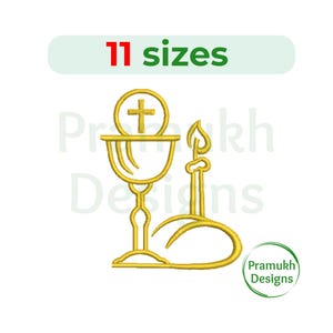 Op de afbeelding: Gouden borduurontwerp van een kelk met een hostie en een kaars. Het ontwerp is verkrijgbaar in 11 maten.